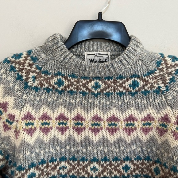 Woolrich Vintage Hand Knit Wool Diamond Design Sweater, Grey/Cream/Blue/Pink, M - Picture 3 of 6
